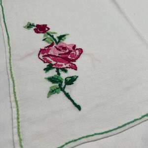Vintage Hand Embroidered White Linen Guest Towel Pink Rose Floral 12x17 MCM